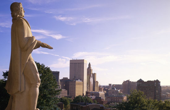 A statue of Roger Williams overlooks downtown Providence, RI.