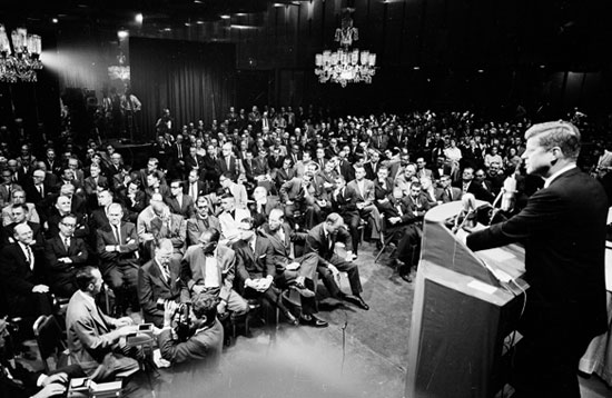 Democratic presidential candidate John F. Kennedy in question and answer session on religious issues with Ministers' Association of Greater Houston at Rice Hotel in Houston, Texas.