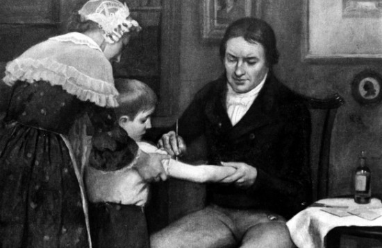 Edward Jenner (1749-1823), the English physician and pioneer of vaccination, vaccinates a small boy. (Getty/Popperfoto)
